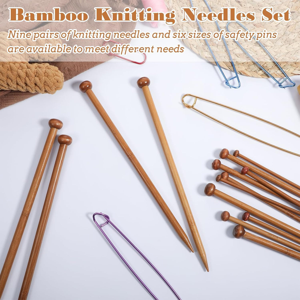 7 Pairs Bamboo Knitting Needles Set, Bamboo Natural Single Point