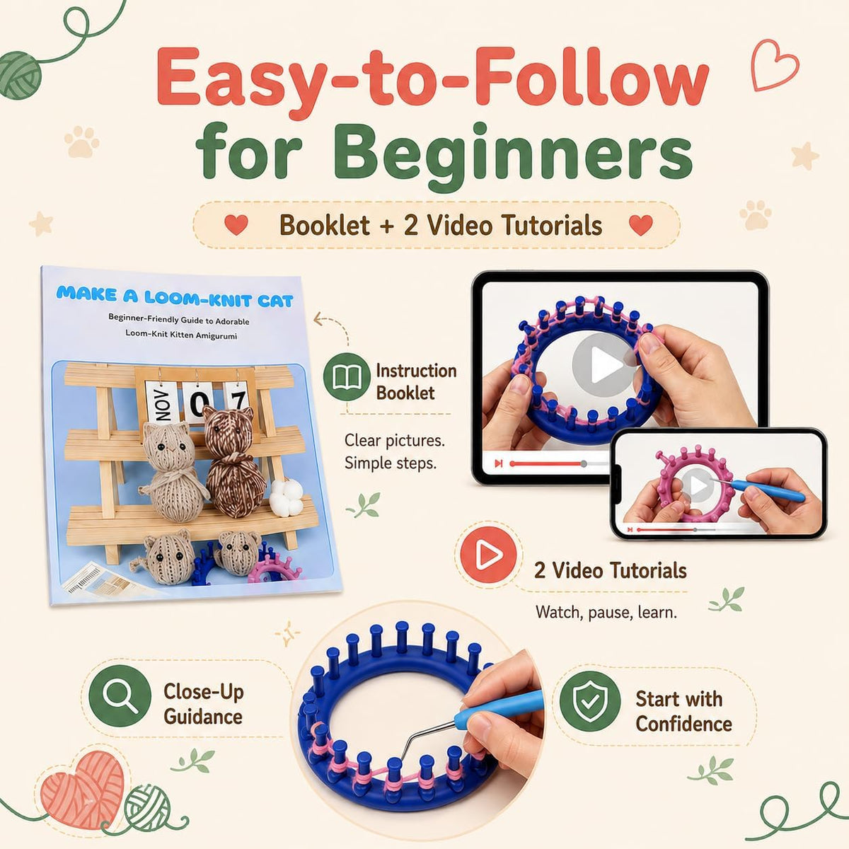 Aeelike Beginner Round Loom Kit,Vedio Learn to Knit Cat,Family Craft