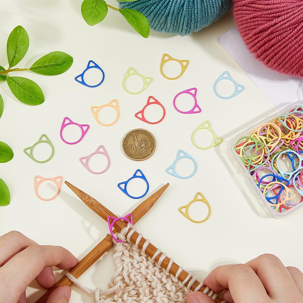 Hobbspring 96Pcs Cat Head Stitch Markers 12 Colors Baking Painted Iron
