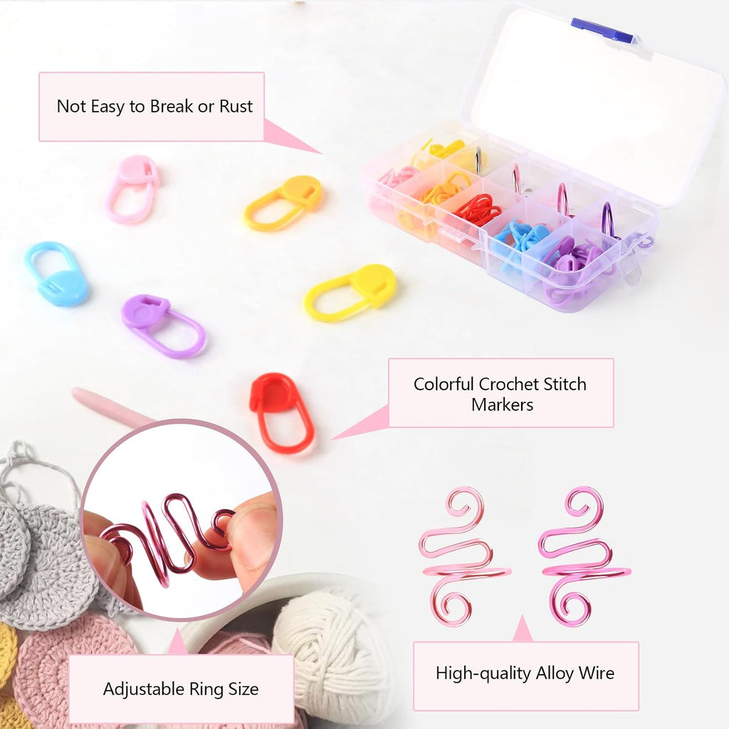 LBU 4Pcs Crochet Ring + 60Pcs Stitch Markers Adjustable Crochet