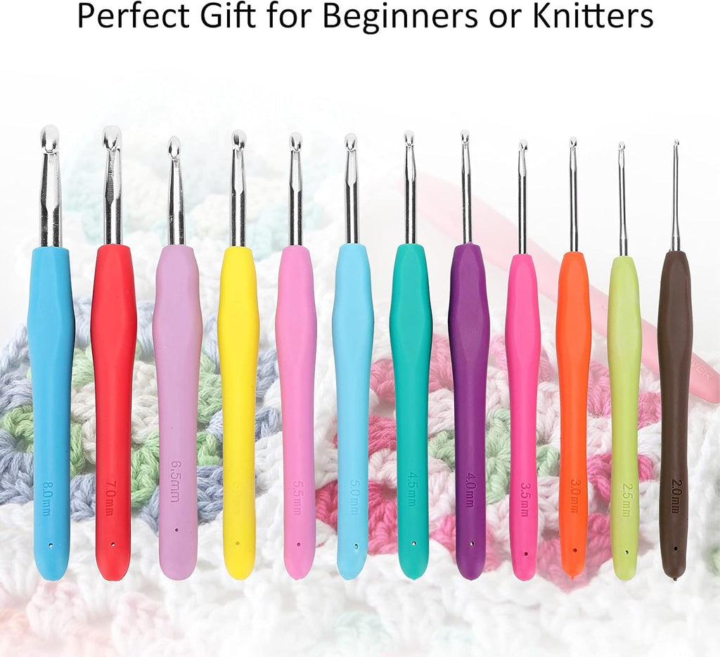 Adfaga 12Pcs Ergonomic Crochet Hooks Set with Soft TPR Handle Aluminum