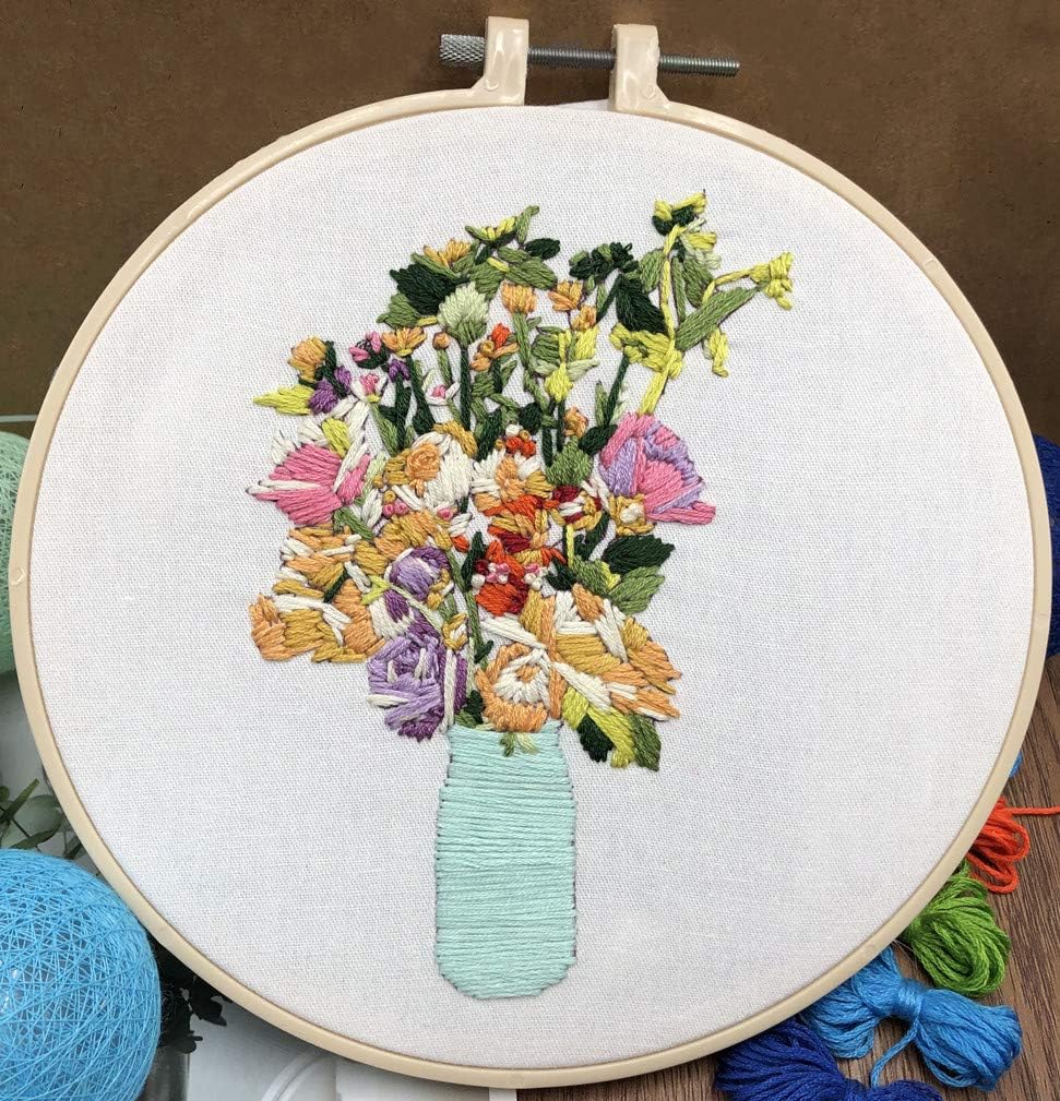 Abillyn Embroidery Starter Kit Colorful Flowers in Vase Stamped with