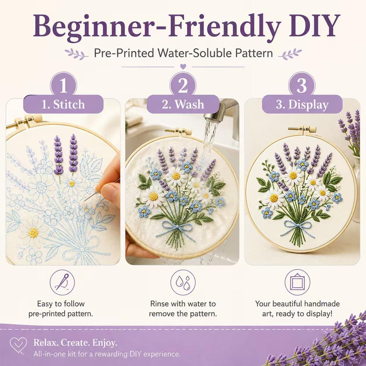 Daisy Lavender Embroidery Kit for Beginners, DIY Floral Craft Set