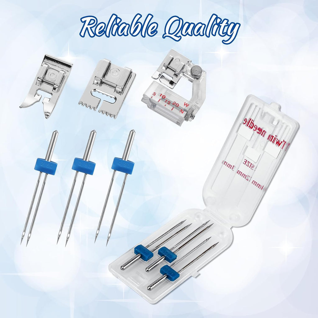 18 Pcs Twin Needles 1 Pcs Needle Threader and 4 Pcs Groove Presser
