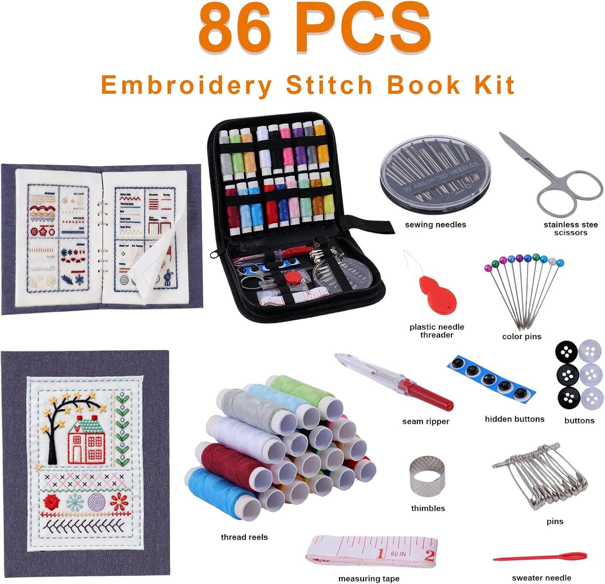 Udihch 86 PCS Embroidery Stitch Book Kit, Beginner Kit with 6 Inch