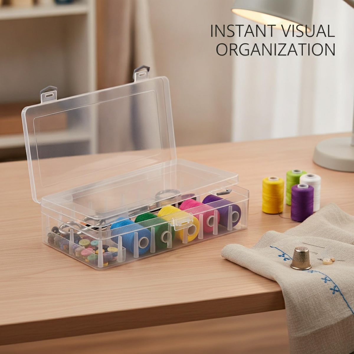 Clear PP Sewing Box with Sliding Cover, Transparent Storage Organizer