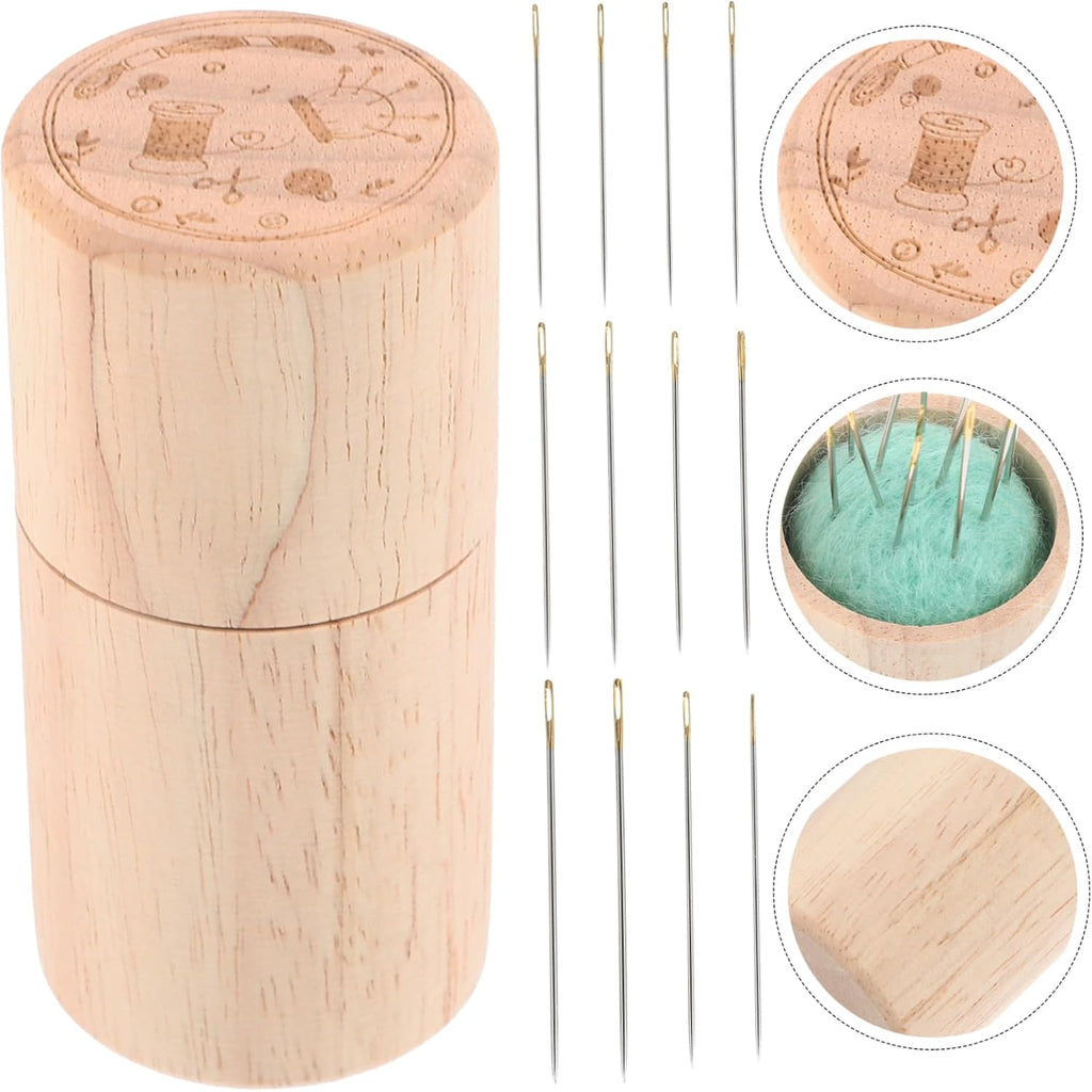 Wooden Sewing Needle Holder Case, Portable Multi Function Tube