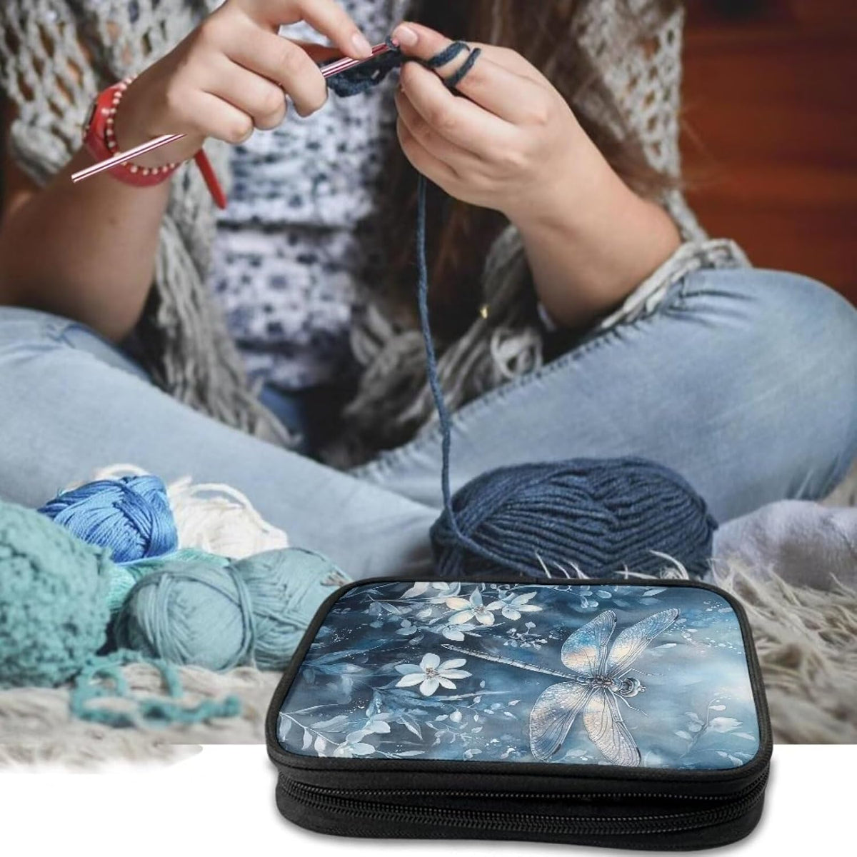 Dragonfly Crochet Hook Case Portable Floral Crochet Storage without