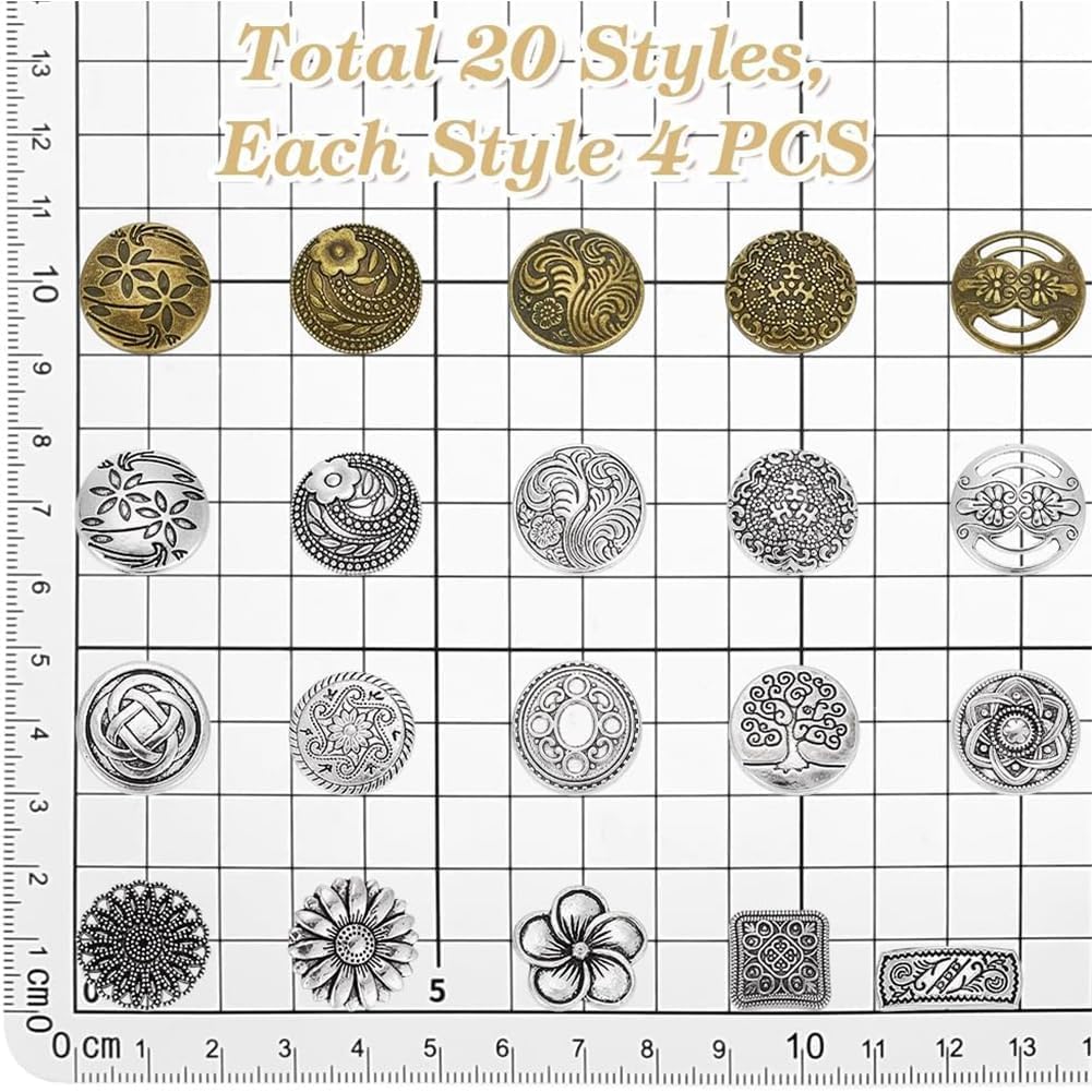 PH PandaHall 80pcs 20 Styles Alloy Metal Buttons 13~18mm Vintage Shank