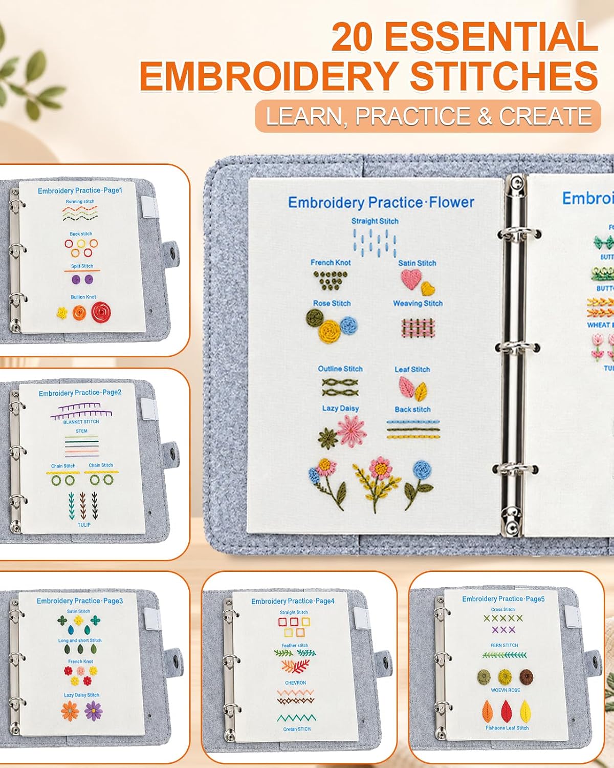 Thinas Embroidery Stitch Book Kit for Adults, 20 Stitches, Removable