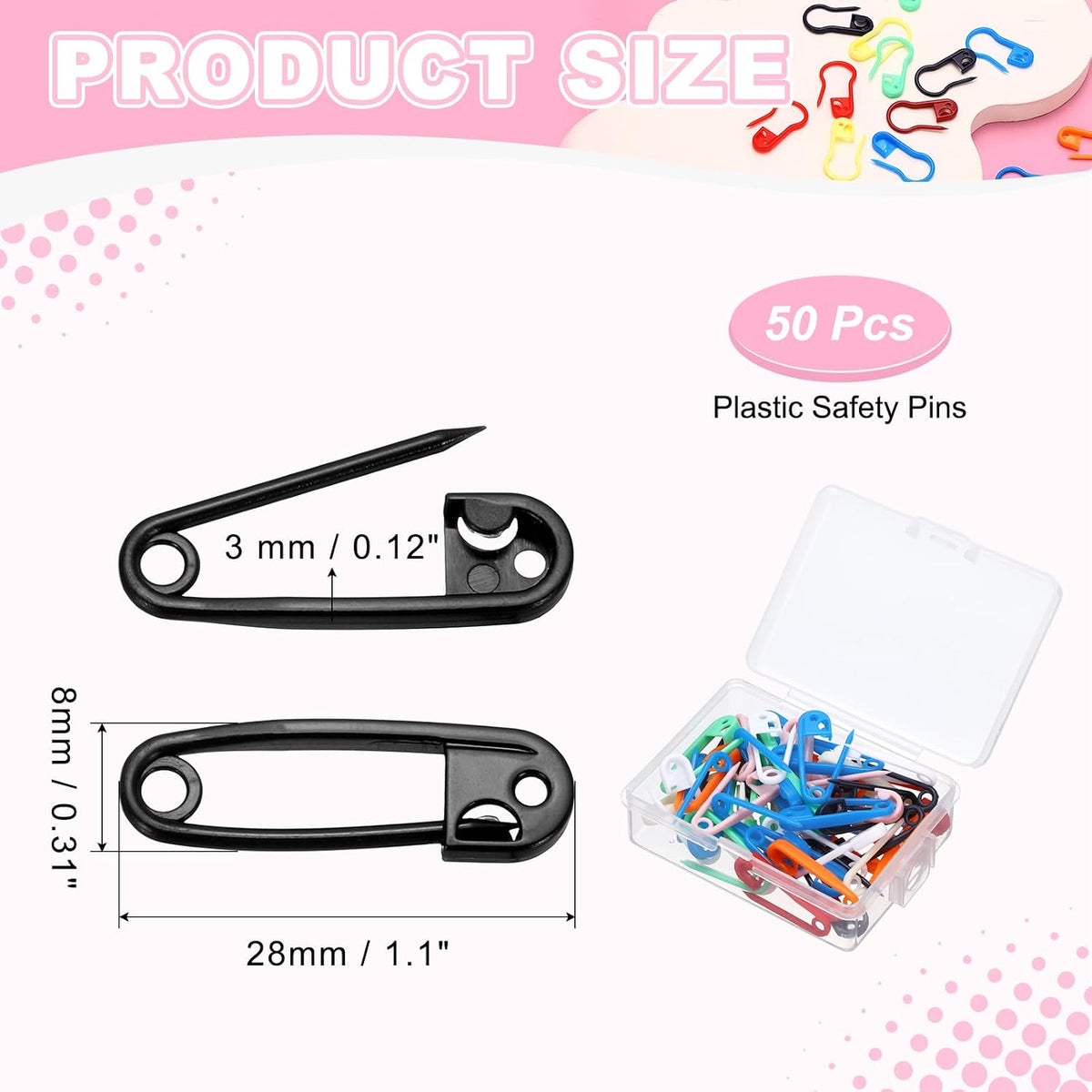 PATIKIL 50pcs Plastic Safety Pins 1.1" Knitting Markers Clip Mixed