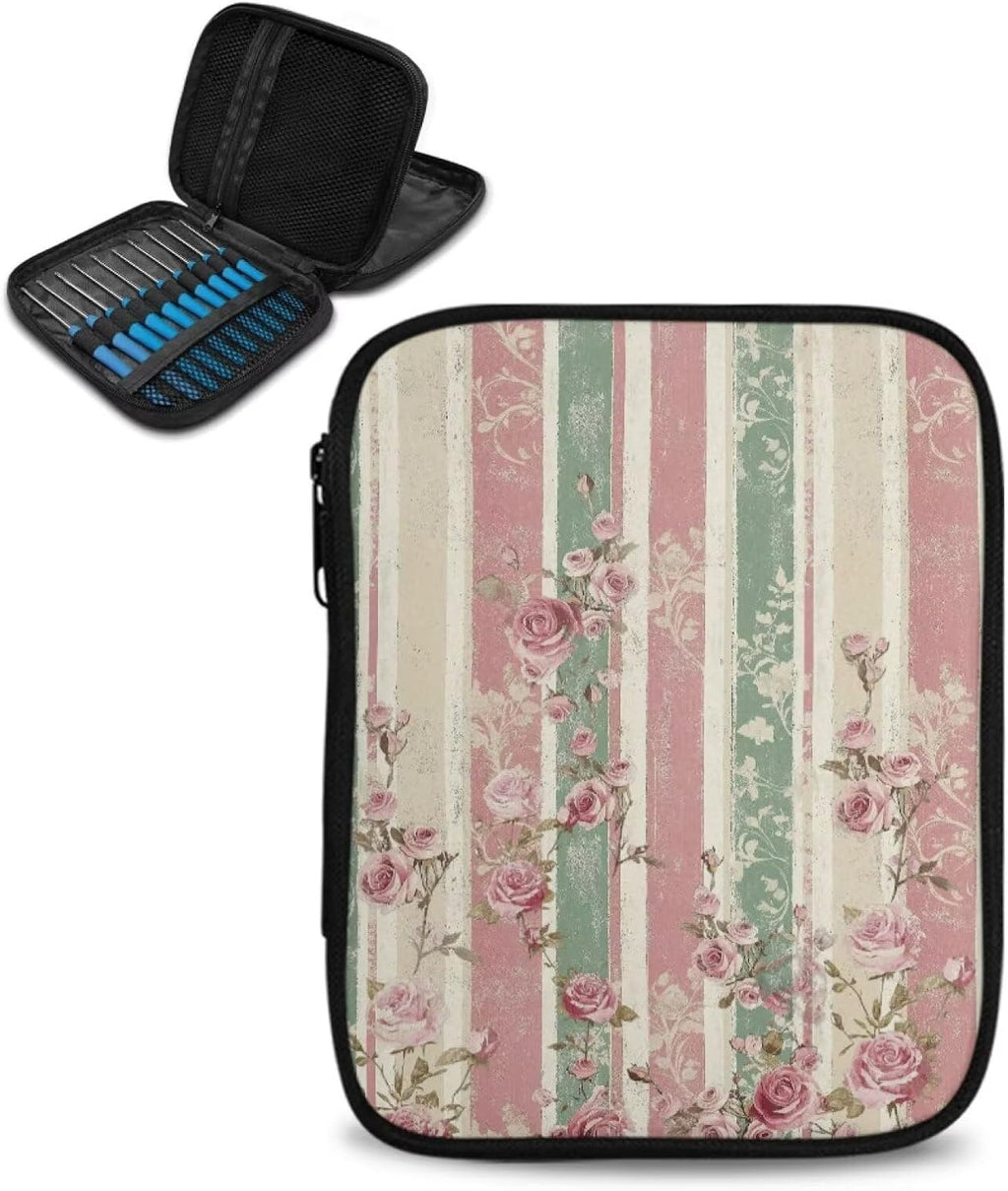 Vintage Stripe Floral Empty Crochet Hook Case Portable Travel Crochet