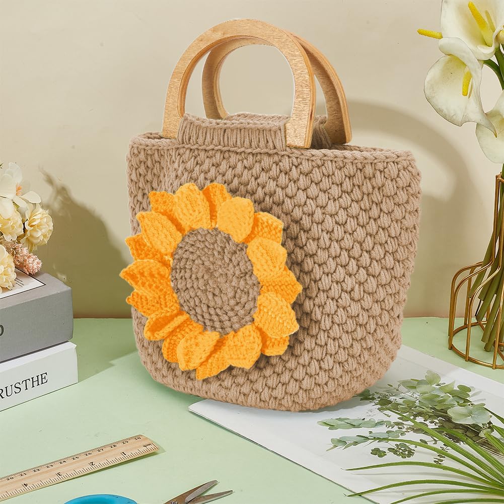 FREEBLOSS Crochet Sunflower Bag Set Wood Handle Sunflower Bag Crochet
