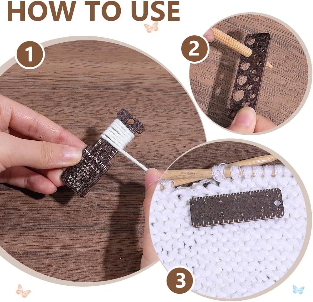 BENECREAT 3-in-1 Mini Wooden Gauge Keychains, Knitting Gauge Tool with