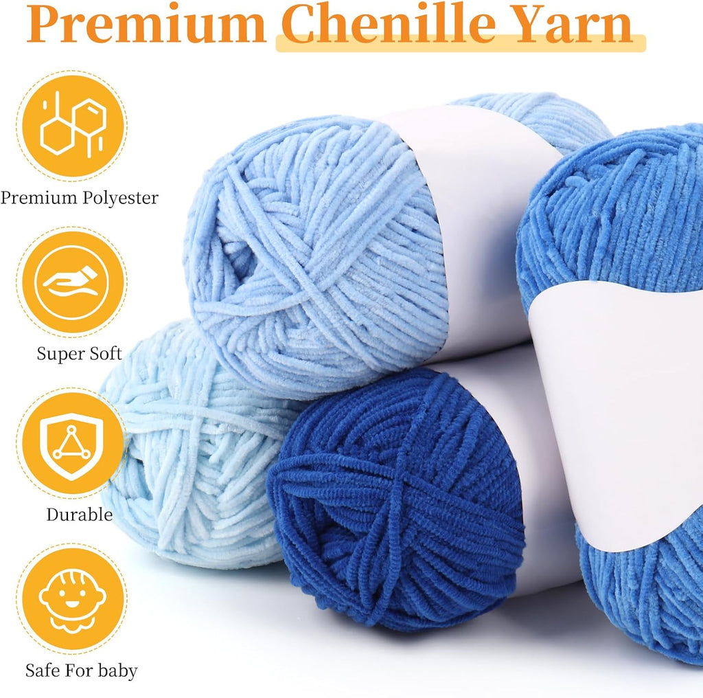 Coopay Skinny Chenille Yarn for Crocheting, Soft Crochet Yarn, Blue