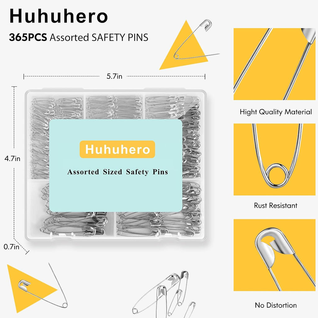 Huhuhero 365 Pack Silver Safety Pins Assorted, 5 Different Sizes Pin