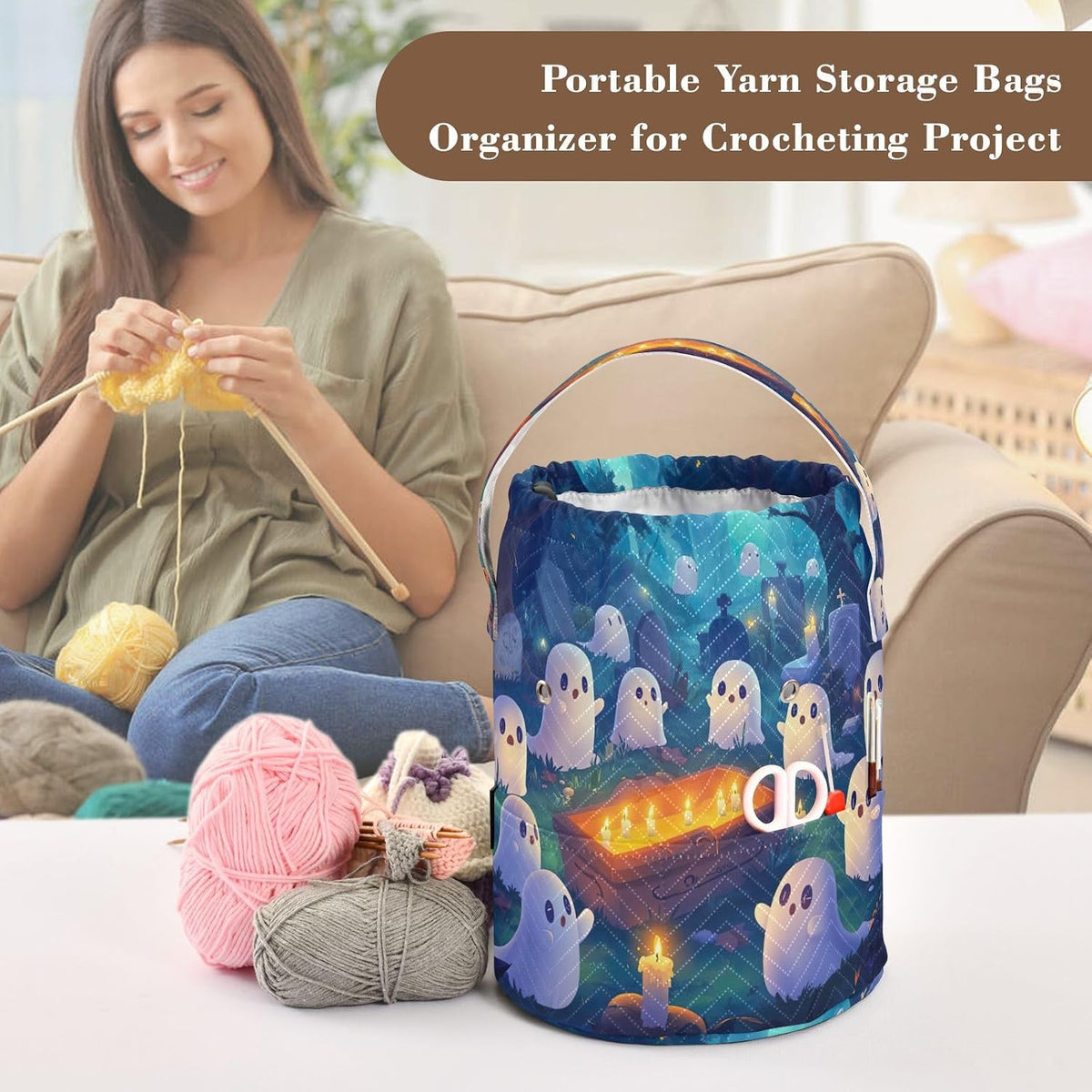 YETTASBIN Halloween Ghost Yarn Storage Bag, Large Crochet Knitting Bag