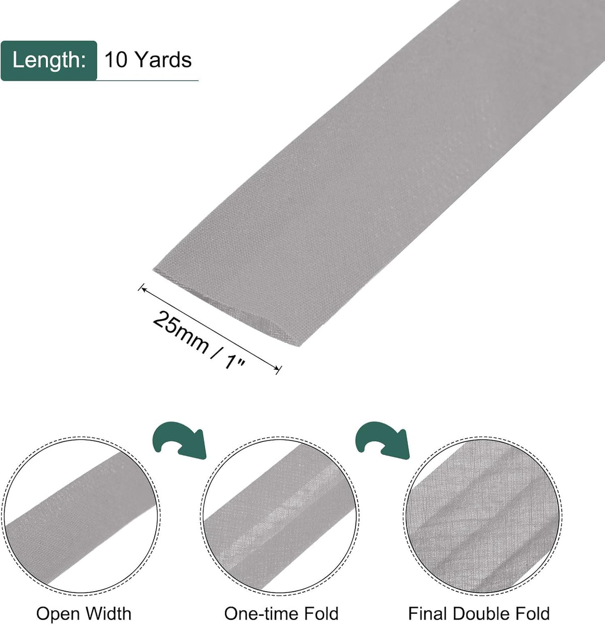1 Inch Double Fold Bias Tape 10 Yards Polyester Binding Tape Grey
