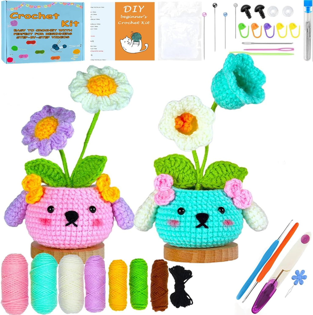 2PCS DIY Flower Crochet Kit for Beginners Animal Potted Plants Starter