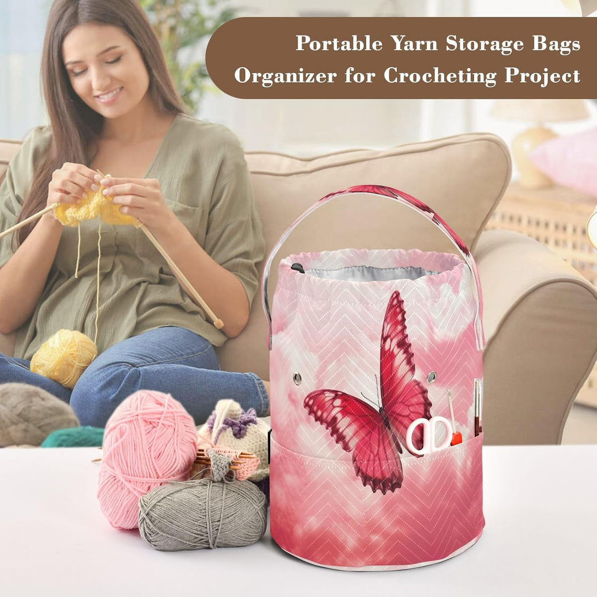YETTASBIN Butterfly Yarn Storage Bag, Large Crochet Knitting Bag