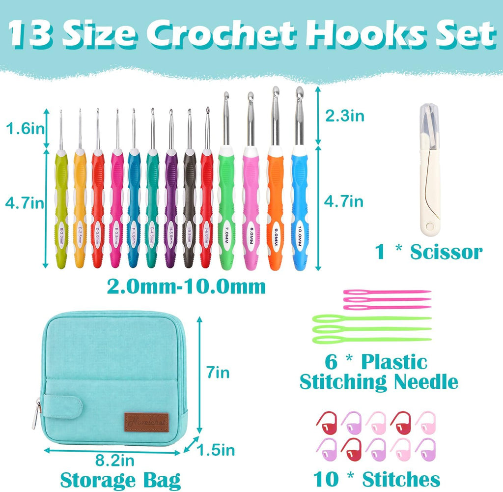 Novelchet Ergonomic Crochet Hooks Set with Case 2.0-10.0mm(B-N) Aqua