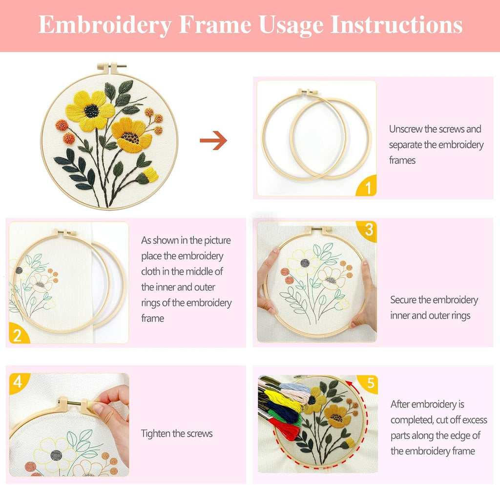 Zhenqing Floral Embroidery Kit for Beginners, 3 Patterns, 7.8in Hoop