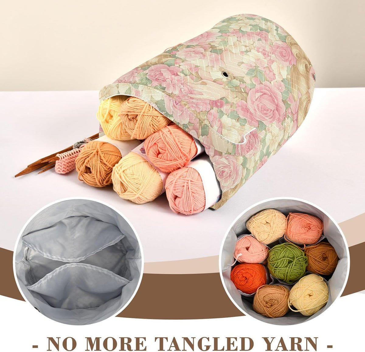 Pink Romantic Rose Flowers Yarn Storage Bag Yarn Holder Bag Portable