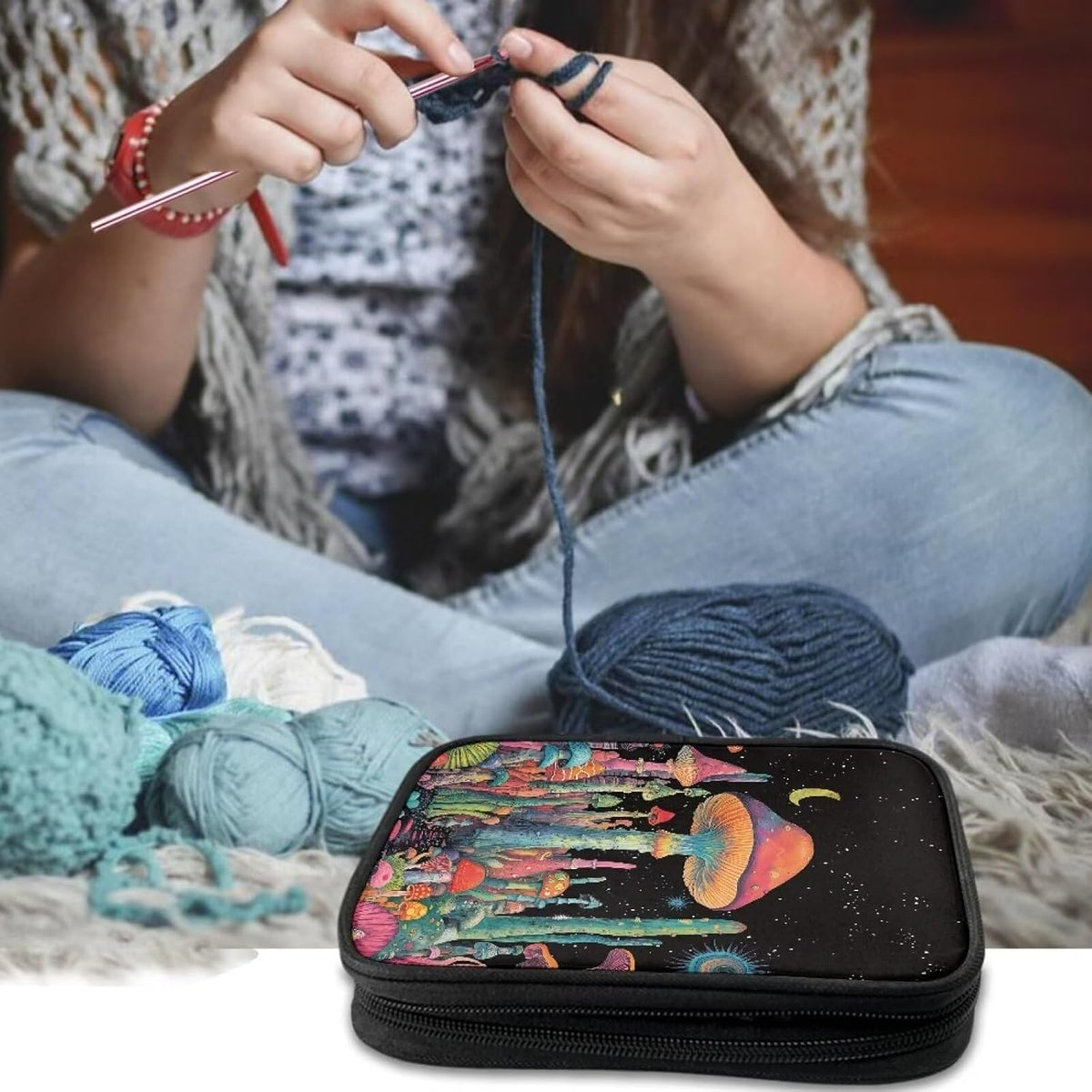 Goronwyfloyd Mushroom Crochet Hook Case Travel Crochet Storage Bag