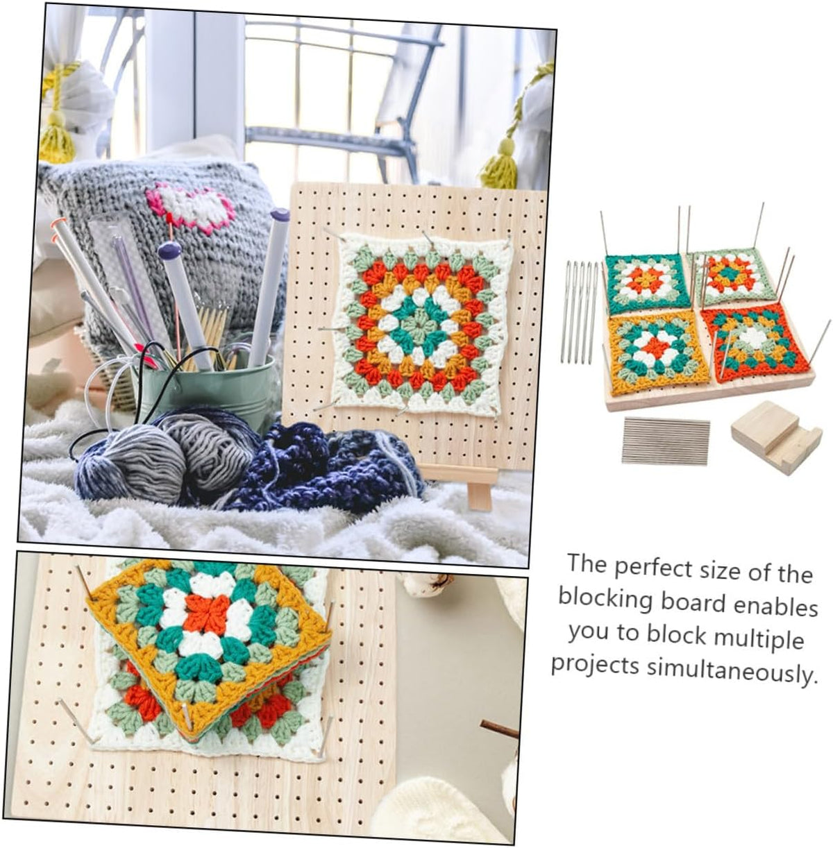 Square Crochet Blocking Board for Craft Lovers, Wooden Khaki Set