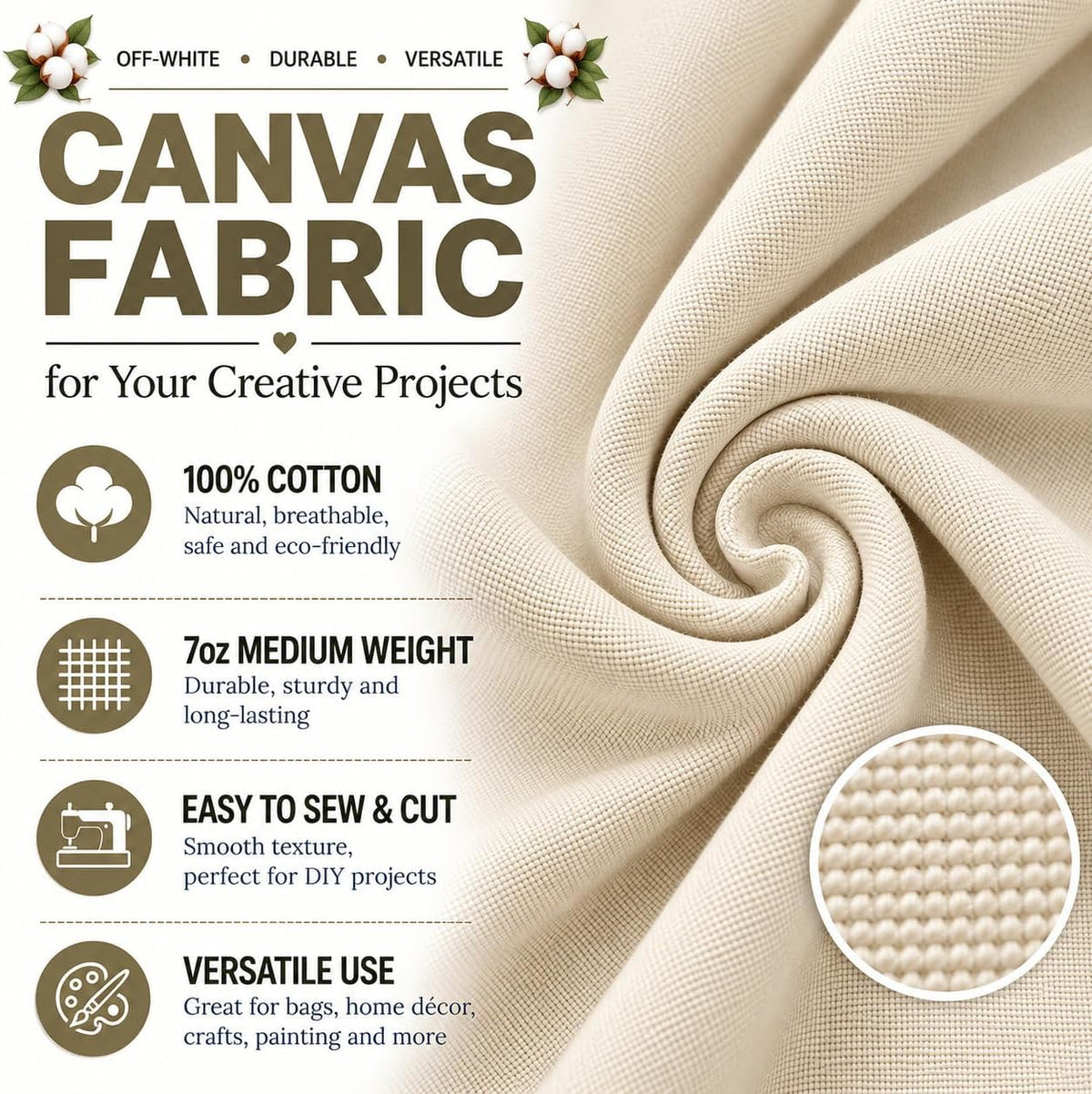 7oz Off-White Canvas Fabric, Premium 100% Cotton Duck Canvas Fabric by