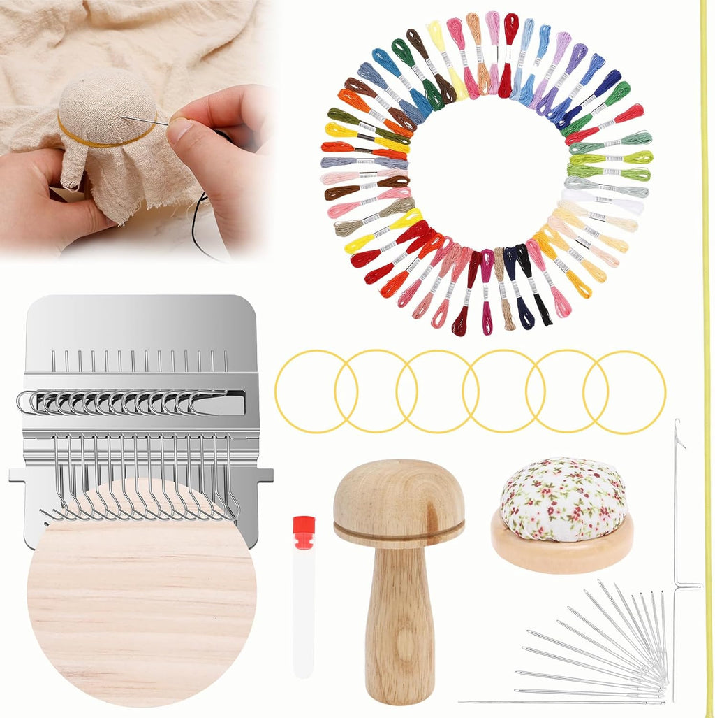 Mini Darning Frame Mushroom Knit Patch Kit with 14 Hook, Small Weaving