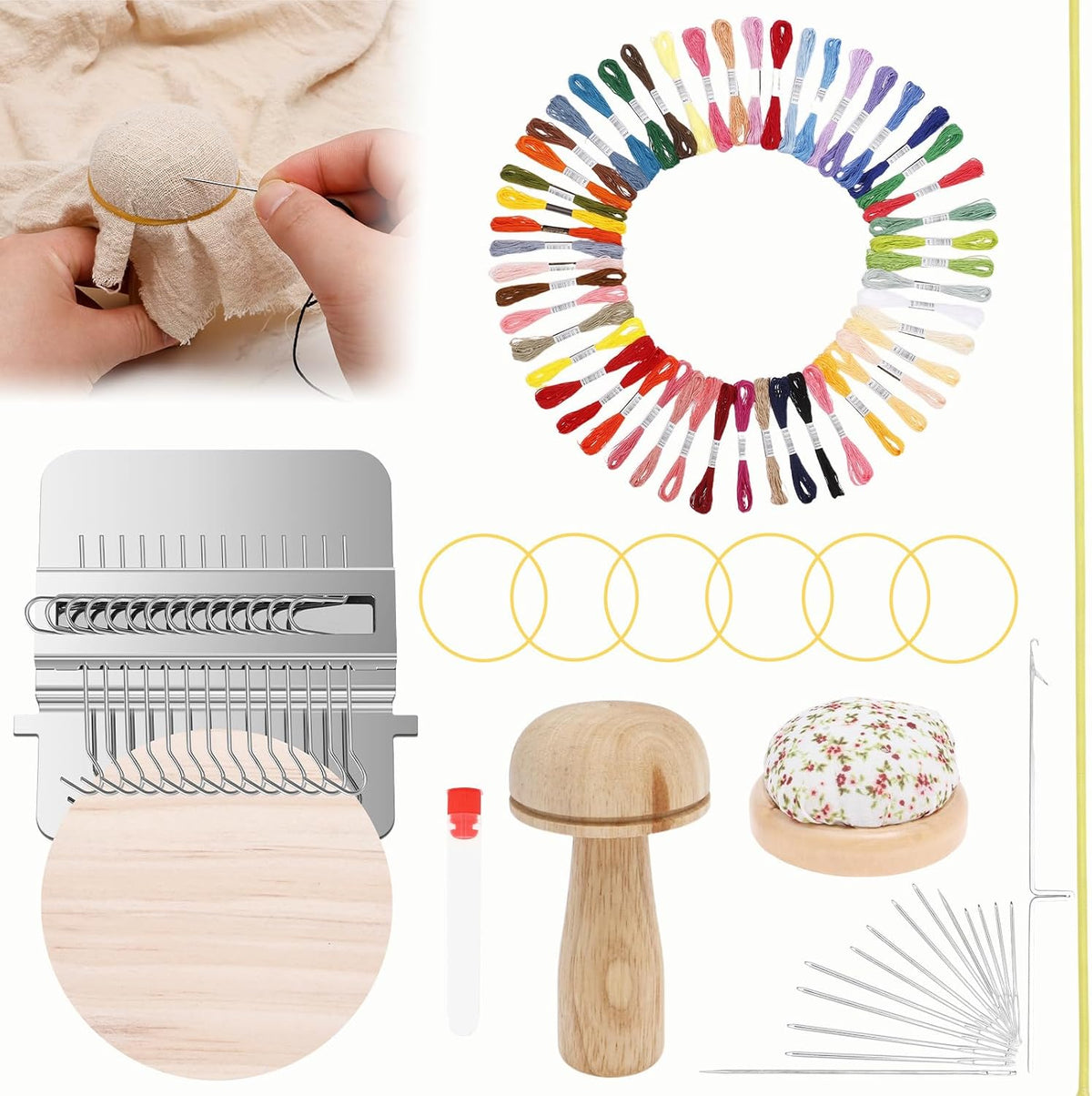Mini Darning Frame Mushroom Knit Patch Kit with 14 Hook, Small Weaving