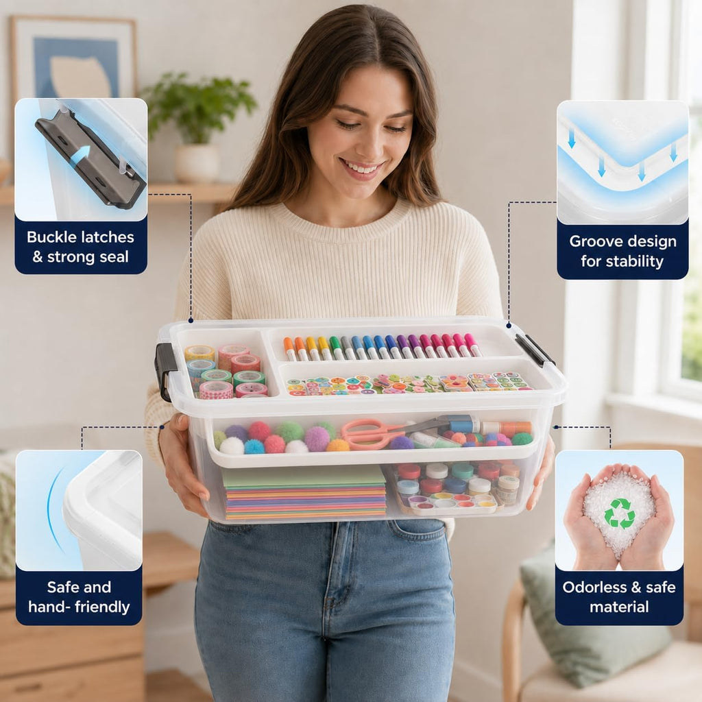 Clear Plastic Storage Box 17 QT with Removable Tray, Craft Organizer