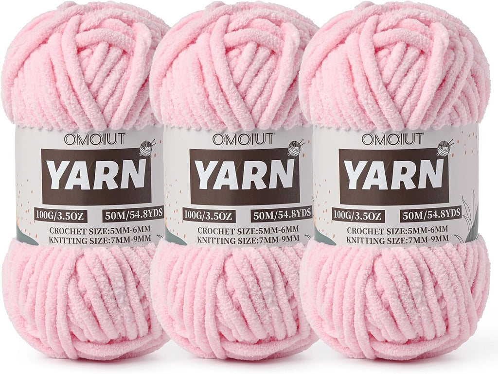 3 Pack Light Pink Fluffy Chunky Chenille Crochet Yarn, Baby Yarn for
