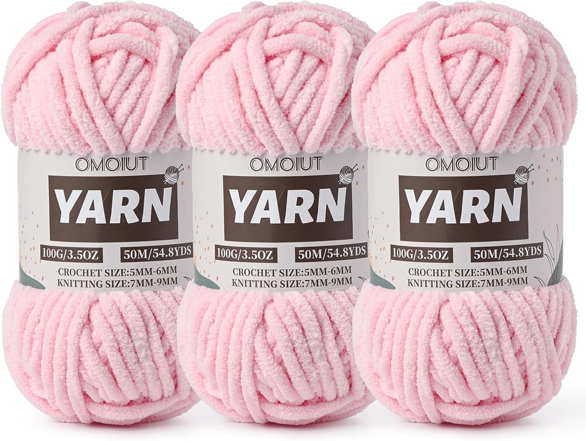 3 Pack Light Pink Fluffy Chunky Chenille Crochet Yarn, Baby Yarn for