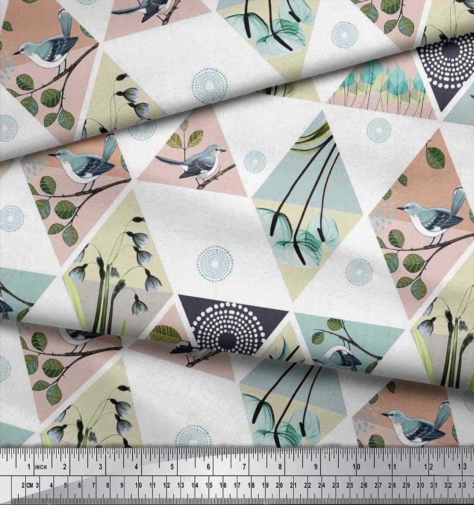 Soimoi Cotton Canvas Fabric - Patchwork Theme Print, Dusty Teal Blue