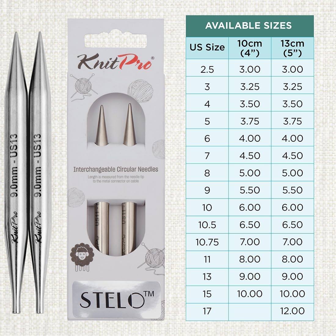 KnitPro Stelo Lace Interchangeable Tips 4" (10cm) | US Size 13 (9mm)