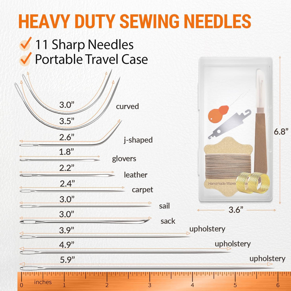 Waxed Sewing Thread (Khaki Color), Heavy Duty Needles (11 PCS) Large