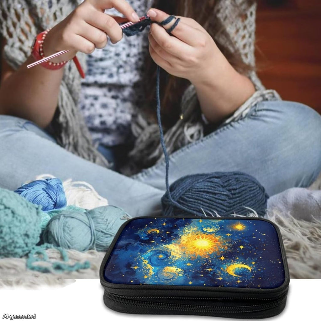 Noprintge Sun and Moon Crochet Hook Case Zipper Storage Organizer Bag