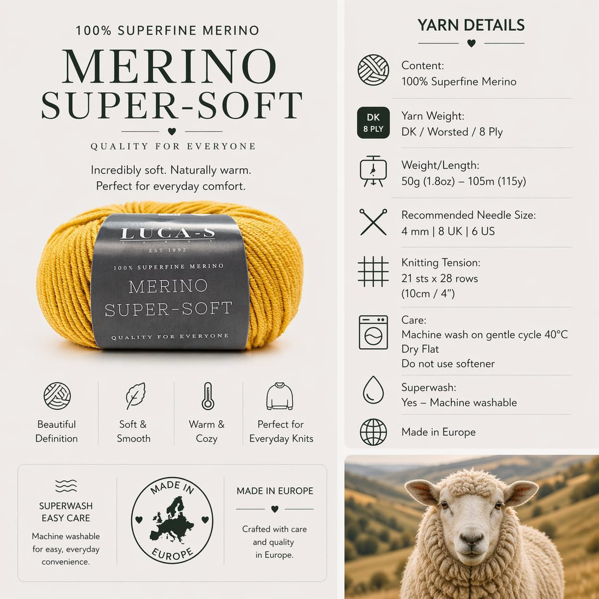 Superfine Merino DK Yarn for Knitting and Crocheting, Set of 2 Super