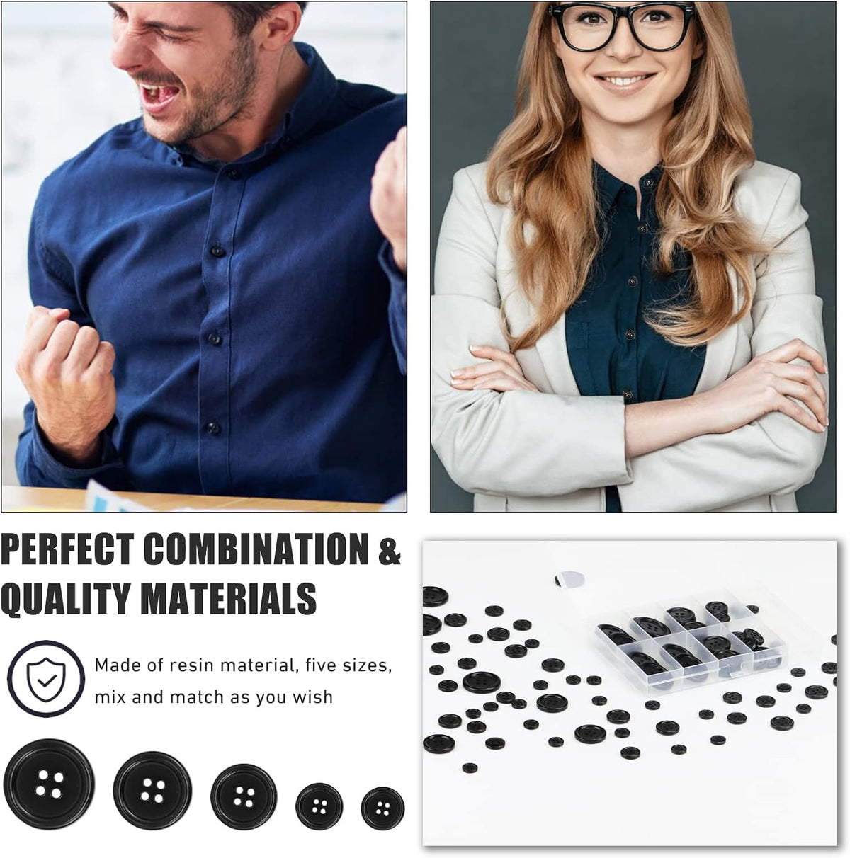 100 Pcs Premium Black Round Resin 4-Hole Sewing Buttons, 5 Sizes
