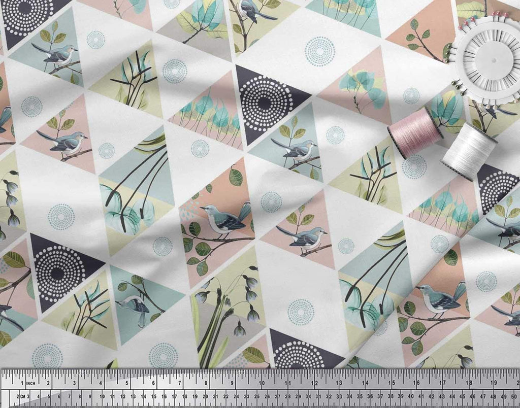 Soimoi Cotton Canvas Fabric - Patchwork Theme Print, Dusty Teal Blue