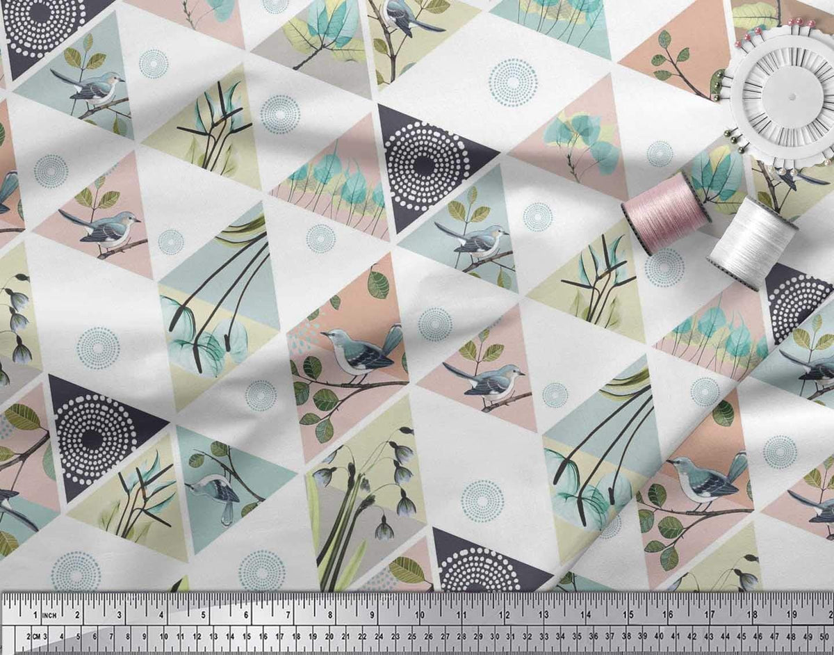 Soimoi Cotton Canvas Fabric - Patchwork Theme Print, Dusty Teal Blue
