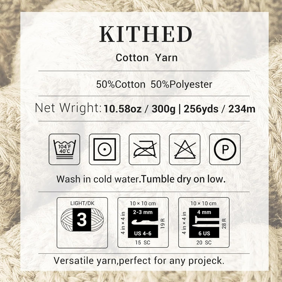 Cotton Yarn,50% Cotton 50% Polyester-10.5oz,526yard,3 Pack,Soft Yarn