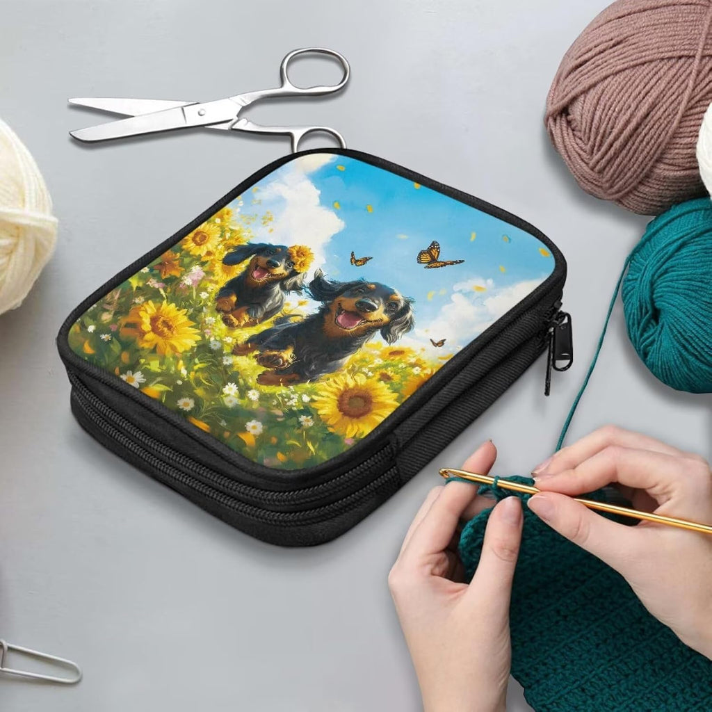 Hechitok Dog Sunflower Empty Crochet Hook Case Portable Travel Crochet