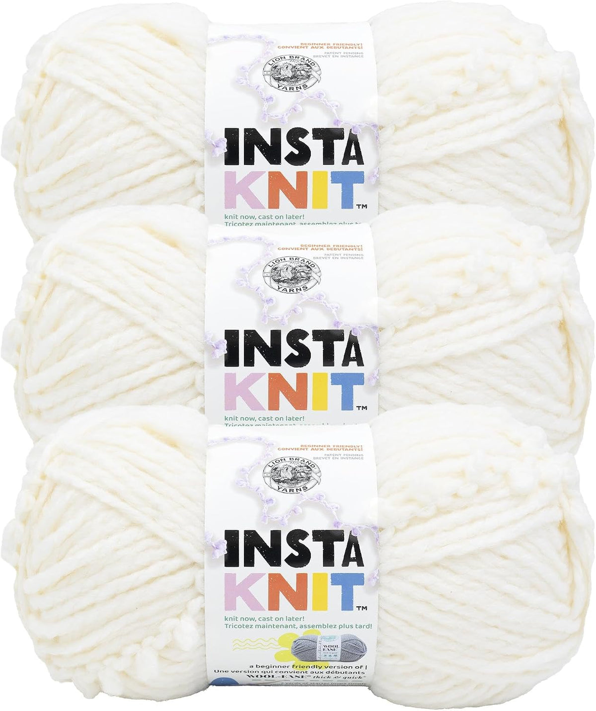 Lion Brand Yarn, InstaKnit Yarn, Creme De La Creme, Off White, 3 Pack