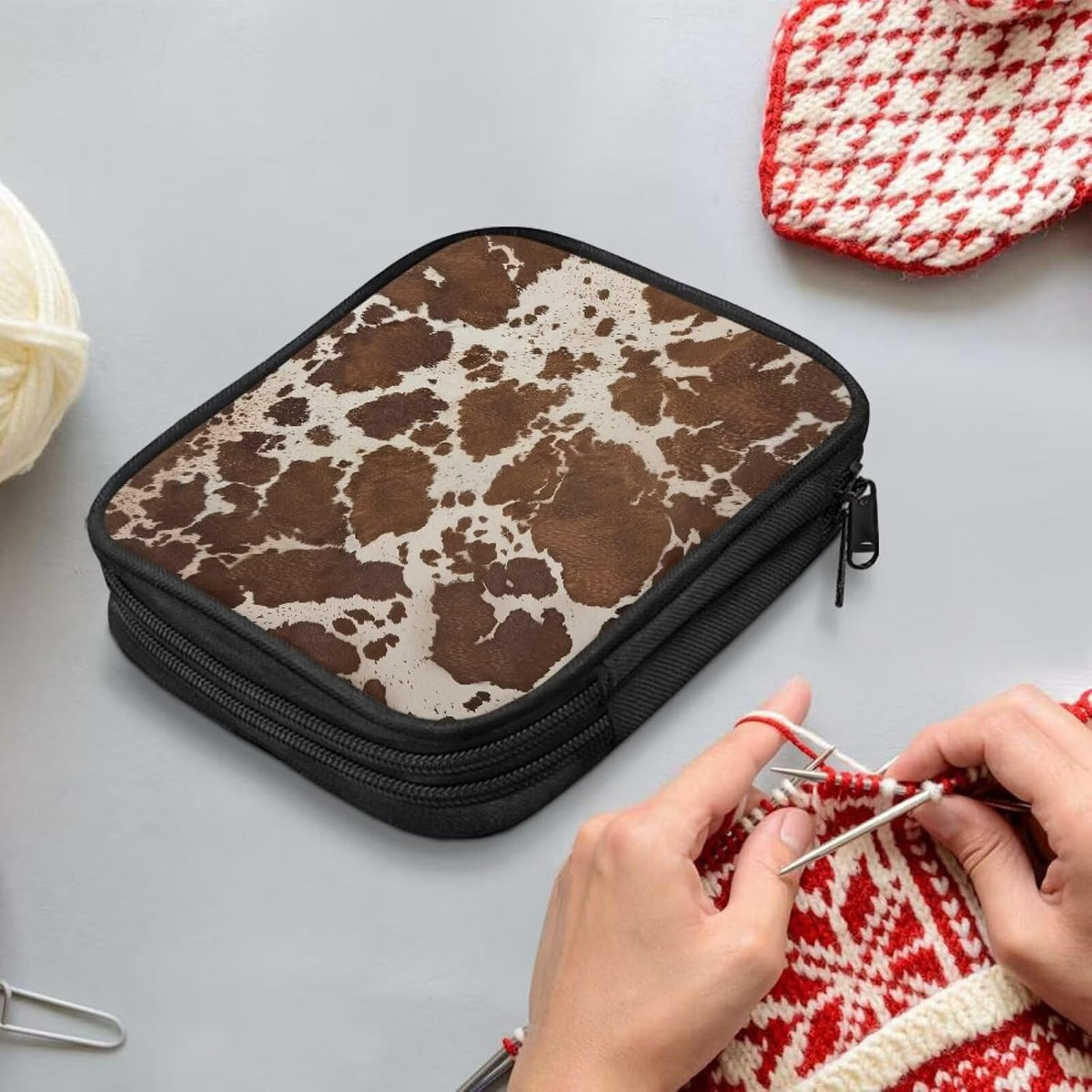 Brown Crochet Hook Case Empty Cow Print Knitting Needle Case Organizer