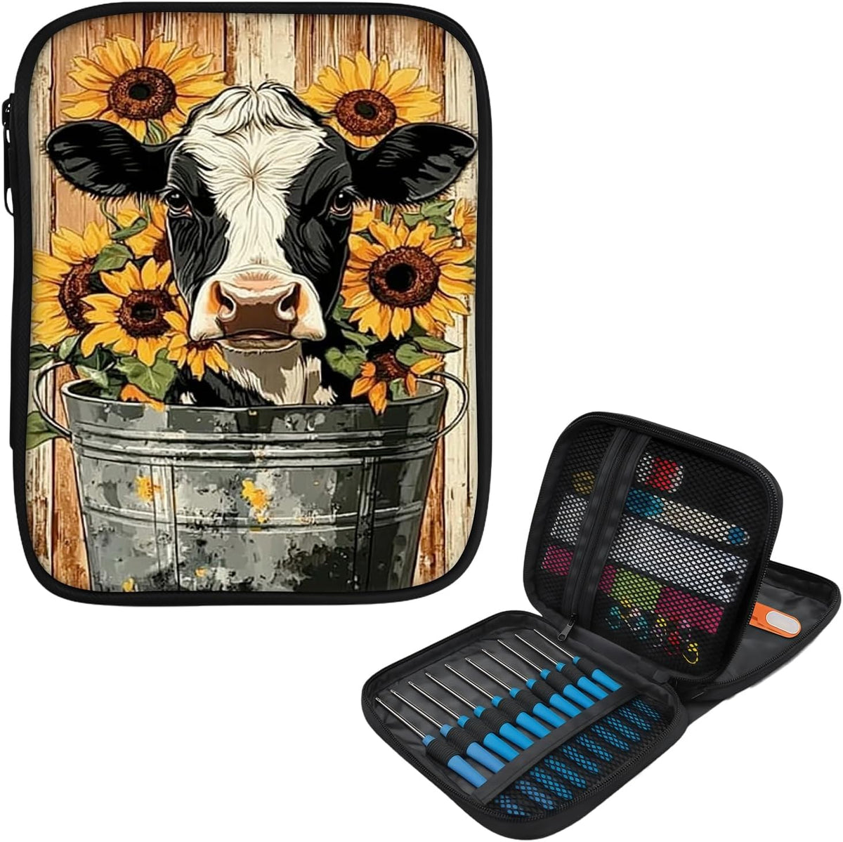 Cdkfxjy Empty Crochet Hook Case, Cow Sunflower