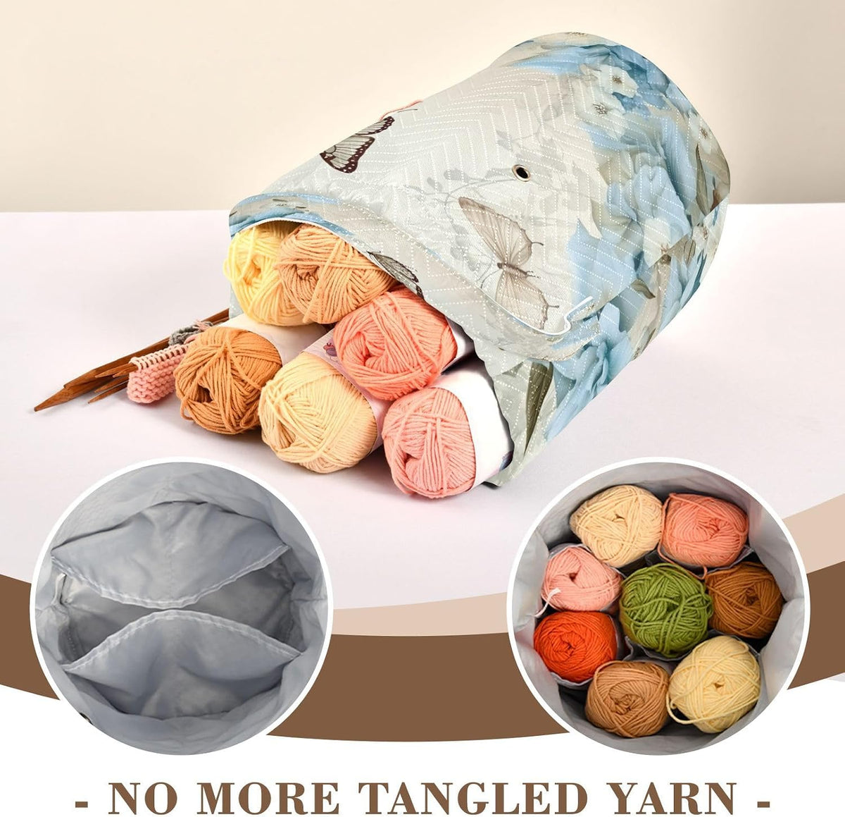 YETTASBIN Flowers Butterflies Yarn Storage Bag, Large Crochet Knitting
