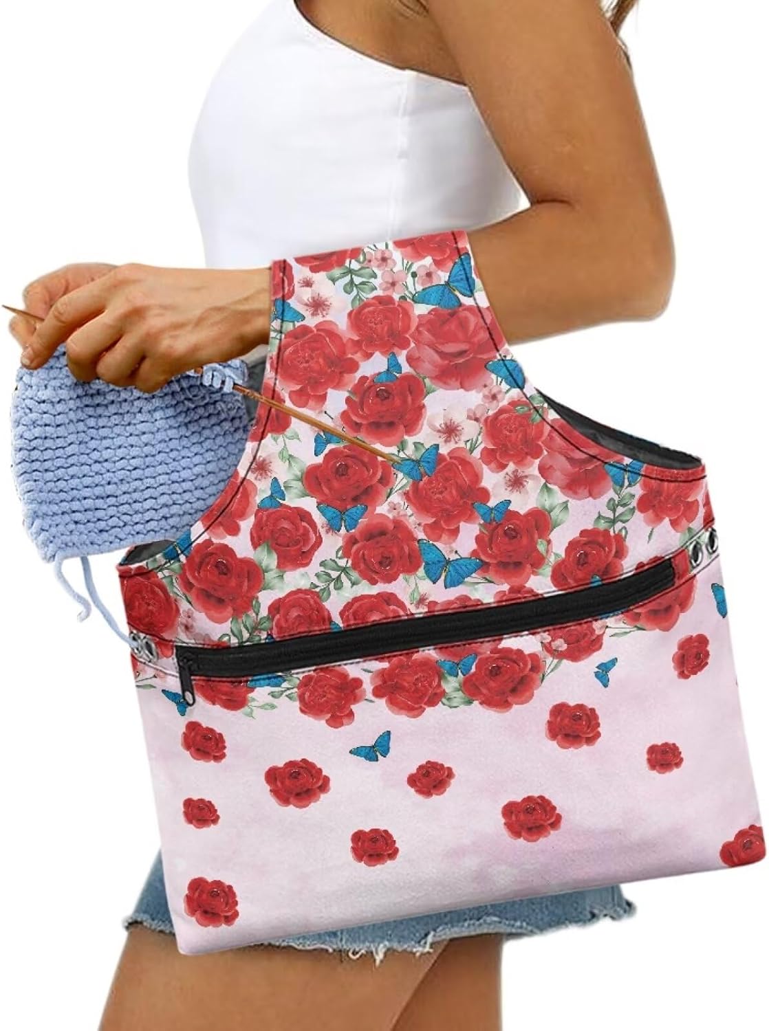Viewamoon Sewing Kit Storage Bag Pink Red Rose Flower Blue Butterfly